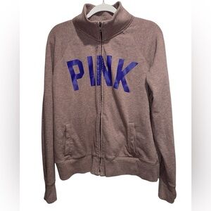 Victoria's Secret Pink Y2K Women Brown/ Taupe Zip-Up Collared Hoodie Size Large